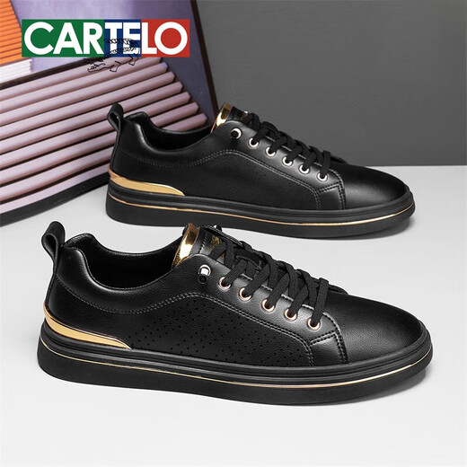 卡帝乐鳄鱼板鞋男感黑色男士休闲皮鞋真皮镂空透气一脚蹬男鞋 黑色-镂空透气-6630T 39 标准运动鞋码