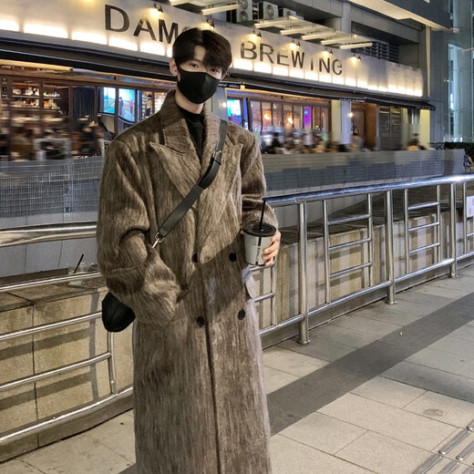 NEW OR MODE Heavy Korean style long woolen coat men's autumn and winter trendy brand loose coat vibe high street casual couple windbreaker dark gray XL