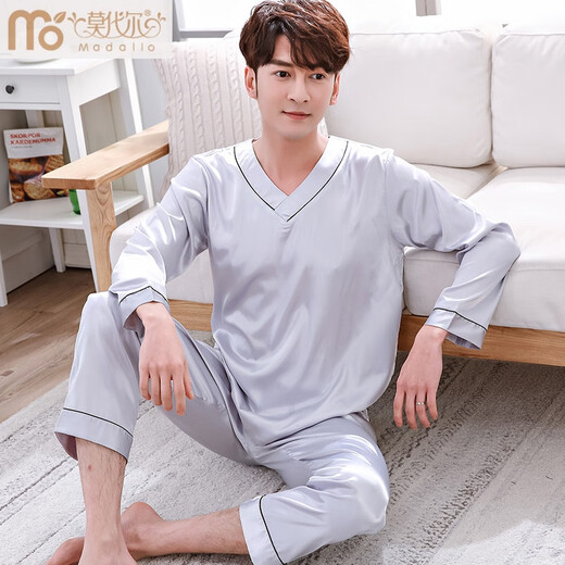 Modal Spring and Autumn Men's Long Sleeve Pajamas Men's Ice Silk Men's Thin Large Size Home Clothing Set Korean Summer Two-piece 718 Champagne L