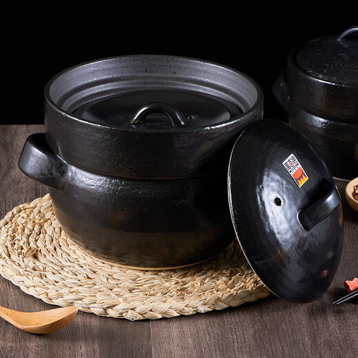 可可屋日本原装进口万古烧黑色双盖煮饭煲汤砂锅土锅陶瓷锅煮粥煲仔饭炖 14128-15240 大号4合 2.3L