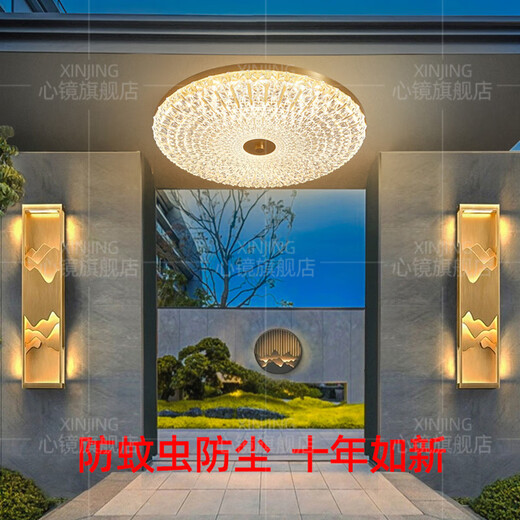 
Heart mirror full copper outdoor ceiling light villa gate ultra-thin front light outdoor aisle balcony lamp anti-mosquito courtyard light X3895-500/round/three-color adjustable