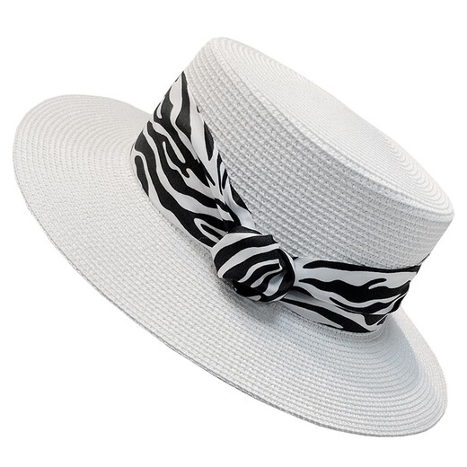 Pengxuan flat top hat for women summer French fashion new straw sun hat seaside sun protection straw hat white M (56-58cm)