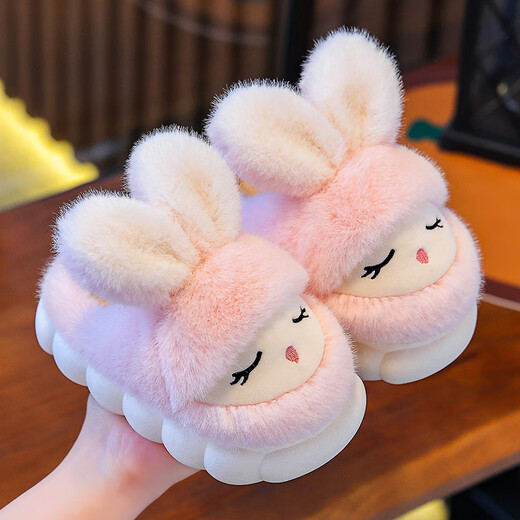 Candy parent-child winter children's cotton slippers, cute rabbit warm plus velvet for boys and girls at home, non-slip soft bottom baby cotton slippers, cute rabbit slippers - pink, size 34-35, inner length 20.5cm