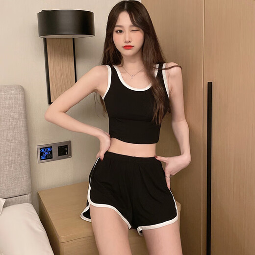 浪莎（LangSha）睡衣女款春秋2025新款夏季天吊带胸垫一体吊带背心运动两件套装 12035黑色 L 【推荐100-115斤穿】