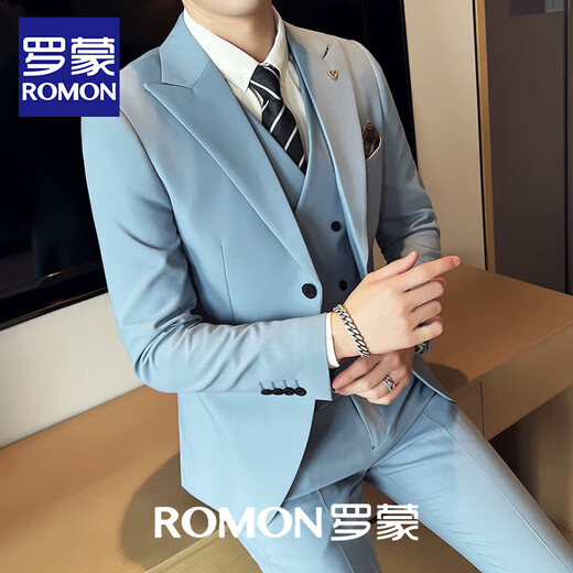 ROMON, light and sophisticated, simple British business suit, men's casual business suit, small suit, solid color coat, groom's wedding dress, trendy gray (suit + vest + pants) M 170