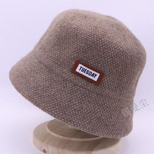 Tin Manchen Hat Women's Autumn and Winter New Fisherman Hat Wool Blended Warm and Coldproof Small Leather Label Casual Knitted Fishbowl Hat Light Khaki One Size