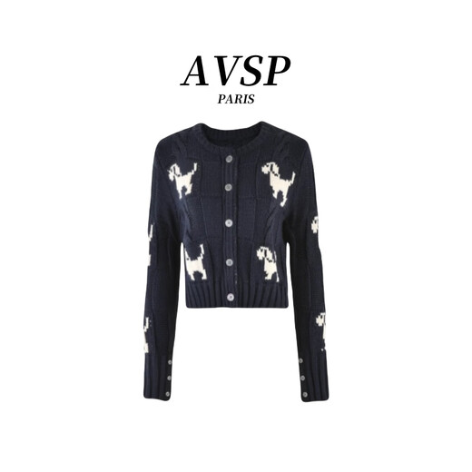 
AVSP cute puppy round neck knitted cardigan for women in spring and autumn new cork short sweater jacket-3524 Black M (105-125Jin[Jin equals 0.5 kg])