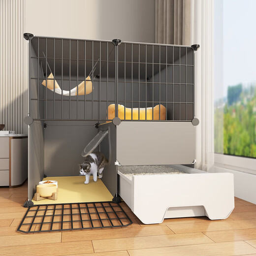 Cat cage with toilet in one, suitable for big and small kittens, cat cage and litter box in one, household small size, no space required for cats, extended three-layer 111*39*109, beginner package basic model + cat nest + cat bowl + cat hanging