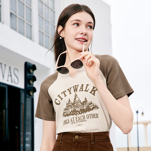 Betu women's summer new T-shirt American retro printed raglan contrast short-sleeved T-shirt for women 2404T10 apricot XS