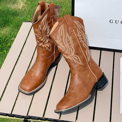 Fan Xiaoru Retro Western Cowboy-Stiefel Frauen er sui selbe bestickte Martin-Stiefel 2025 NEUE MIDE-TUBE Kurzstiefel Reisen Ritterstiefel Dunkelbraun 36 36