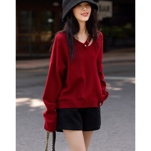 Demana autumn and winter passionate French big sister V-neck sweater temperament beaded sweater women's top Chinese red XL