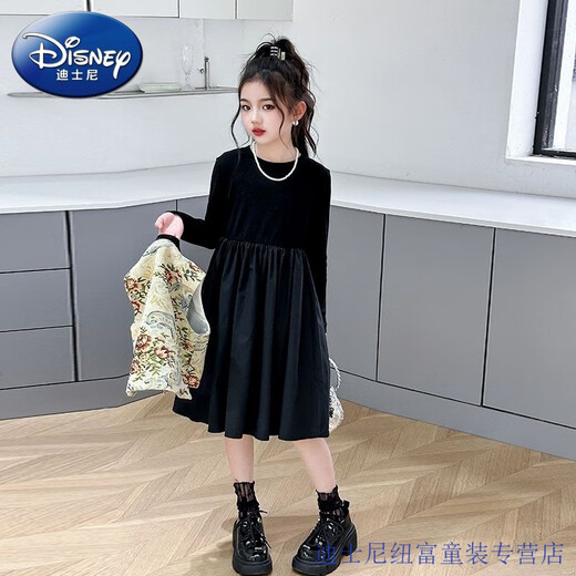 Disney Girls' Dress Spring and Autumn Style Children's Western Style Chinese Style Princess Dress Suit Middle and Older Children's Tang Suit Two-piece Trendy Black Suit Vest + Dress 170 Size