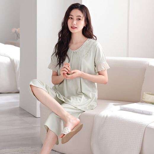 clolv kiss女士带胸垫睡衣夏季纯棉薄款蕾丝花边短袖高级感可外穿家居服套装 695嫩绿（带胸垫） M【155-160cm/90-110斤】