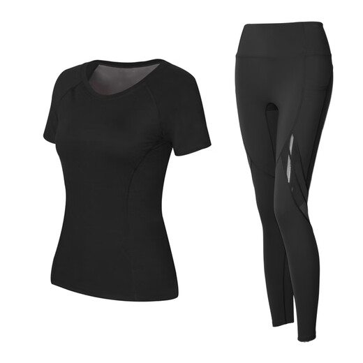Sporn yoga clothing women's suit spring and summer new short-sleeved professional fitness clothing with built-in chest pad Pilates thin sports suit black top (with chest pad) + leg shaping trousers L (100-120Jin Jin equals 0.5 kg)