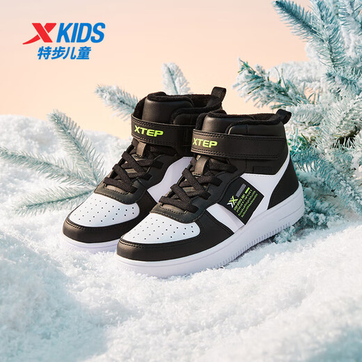Xtep children's cotton shoes leather surface moisture-proof and stain-resistant high-top sneakers warm and comfortable Velcro high-top sneakers black/new white 31