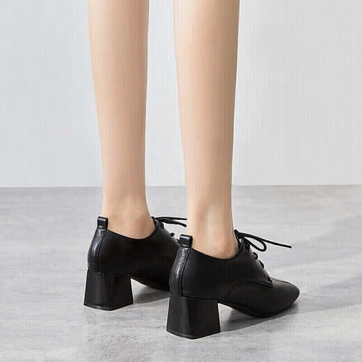 Zhr Chaussures célibataires pour femmes British Style MODERNE Square Toe High Heels Polydoule Mid-Heel épais talons hauts Chaussures en cuir profonde à lacets pour femmes Y557 Black 38