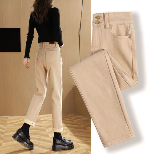 Geyun Jeans Women's 2025 Spring and Autumn New Style Wearing Straight Wide Legs Khaki Cotton Pants Plus Fleece Thickened Smoke Pants Women's Khaki One Buckle [Fleece Thickened] 13588 27 (96 to 105Jin [Jin equals 0.5 kg])