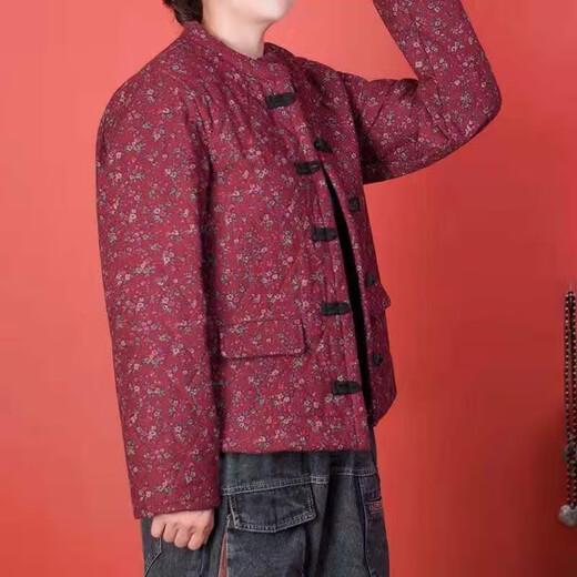 丹雨婷2024秋冬碎花复古民族风棉衣女新文艺中式盘扣短款棉麻加厚小棉袄 红色 偏深 XL 建议12140斤