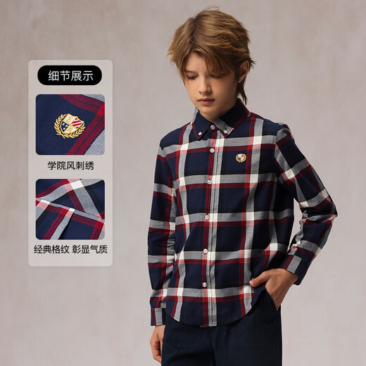 E LAND KIDS 100% cotton Eland boys' shirt 25 spring new arrival college style badge embroidered plaid Red/20 160