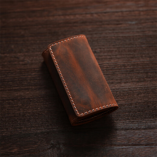 Viehzüchter Retro handgefertigte Schlüsselbund verrückte Pferdekopfschicht Cowhide Schnalle Key Bag Herren-Lederkartenbeutel Multifunktions-Schlüsselbeutel Rot-Brown [Crazy Horse Head Layer Cowhide]