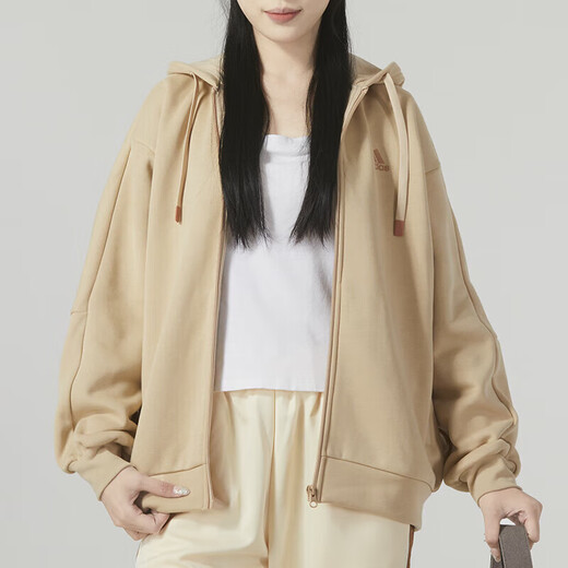 Adidas 阿迪达斯女装夹克春季新款运动服针织连帽跑步健身户外上衣外套 IK9893/魔力浅褐/加绒 S
