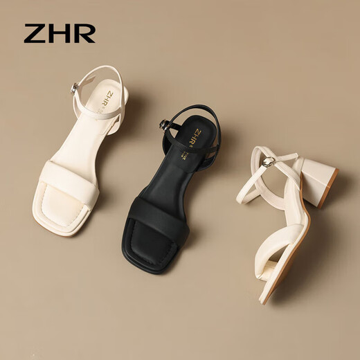 ZHR凉鞋女简约时尚高跟鞋粗跟经典一字带搭扣凉鞋女 Y718 米色 38