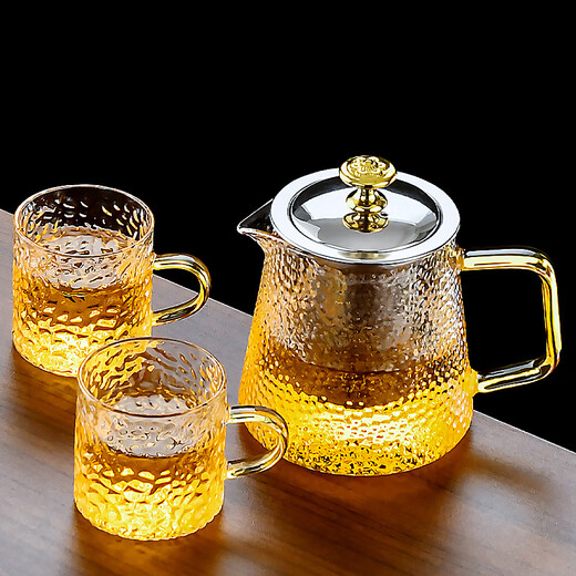 Niannian Xinyuan glass tea set household Kung Fu tea cup teapot tea set simple heat-resistant office tea drinking set Elegant pot + 2 gold dragon pattern cups 3 pieces