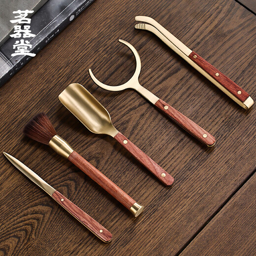 Mingqitang Brass Solid Wood Tea Ceremony Six Gentlemen Set Tea Clips Pot Pen Tea Fork Tea Spoon Tea Knife Tea Making Tools Tea Accessories Copper Wood Tea Clip (Ebony)