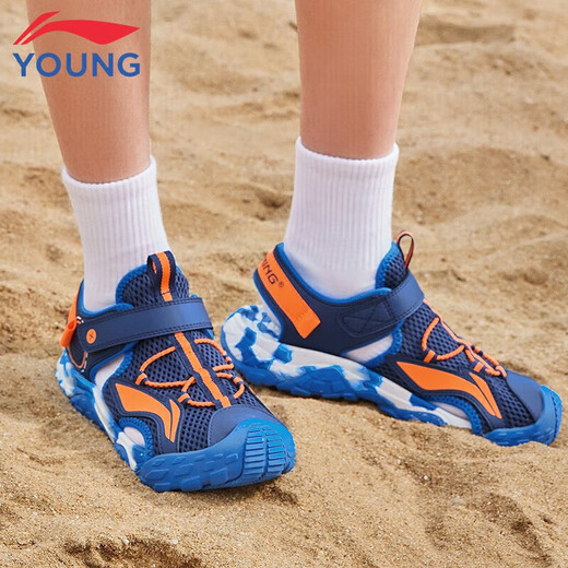 Li Ning children's sandals for boys, girls, middle and large children 26 summer new sports non-slip bottom beach shoes for children, navy blue 33, inner length about 21.6cm, suitable for feet 20.6cm long