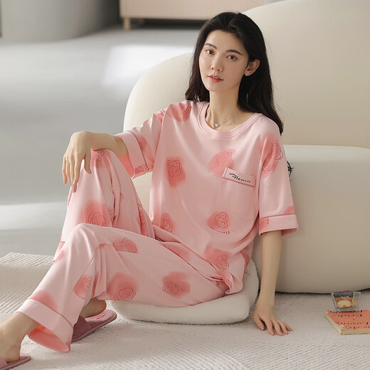 红豆官网织睡衣女夏季纯棉短袖长裤薄款全棉夏天女士家居服套装春秋季 YZT9712主图款 短袖长裤 L 100-120斤