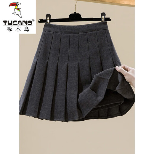 Woodpecker 2025 Autumn and Winter New Woolen Skirt Women's High Waist Slim College Style Pleated Skirt Thickened A-Line Short Dark Gray (Woolee Material) L
