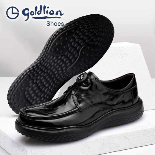 Goldlion Men's Shoes 2025 Spring New Men's Formal Leather Shoes Round Toe Knob Buckle Hand Scratch Pattern Thick Sole Business Casual Shoes Black 42