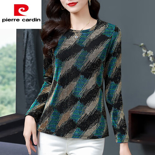 Pierre Cardin velvet thickened T-shirt for ladies, autumn bottoming shirt for women, Yiwu middle-aged 2025 spring and autumn new model, half-high collar, geometric velvet XL, suitable for weight 115-130