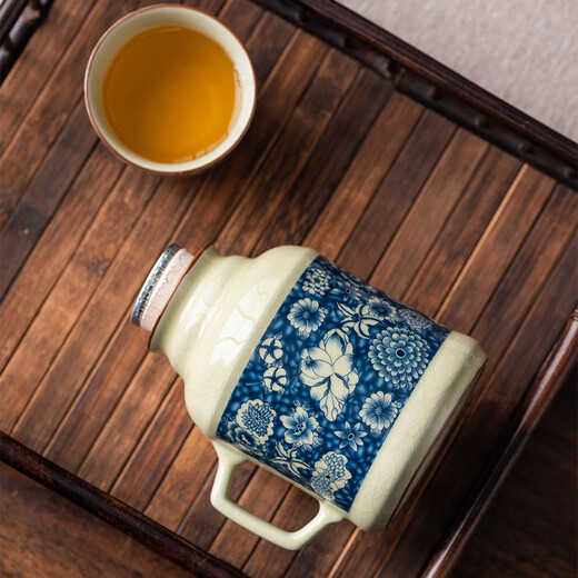 Yunhua Ru kiln blue and white stuffy teapot can grow retro mug large capacity cold kettle with lid ceramic anti-scalding warm kettle cup flower kettle + single cup 450ml