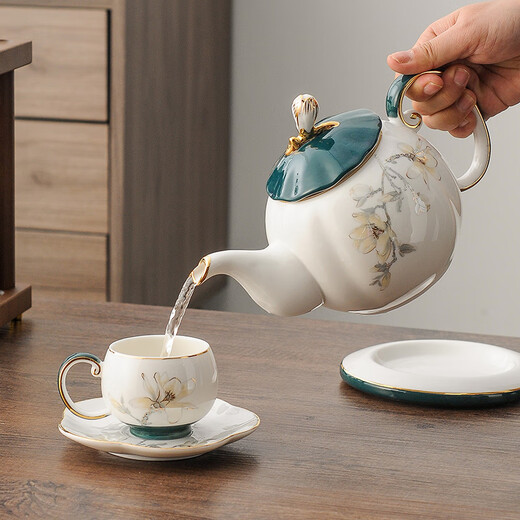 Yanze New Chinese Tea Set Living Room Light Luxury High-end Afternoon Tea Teapot Teacup Complete Gift Box Cup Set Orchid Scenery Dark Green 17-piece Set - Rectangular Shelf