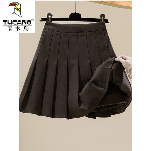 Woodpecker 2025 Autumn and Winter New Woolen Skirt Women's High Waist Slim College Style Pleated Skirt Thickened A-Line Short Dark Gray (Woolee Material) L