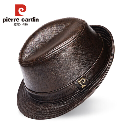 Pierre Cardin Genuine Leather Hat Men's Autumn and Winter First Layer Cowhide Casual Dad Jazz Hat Short Brim Small Hat Outdoor Outing Black Medium XL (57-58cm)