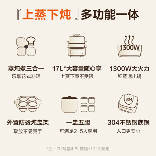 Supor water-proof electric stew pot and steamer all-in-one household 3-4-6 person stew pot, stew and steamer all-in-one multi-functional 0-coated 304 stainless steel electric steamer 3-layer large capacity 17L upper steaming and lower stewing 0-coated stainless steel bottom pot