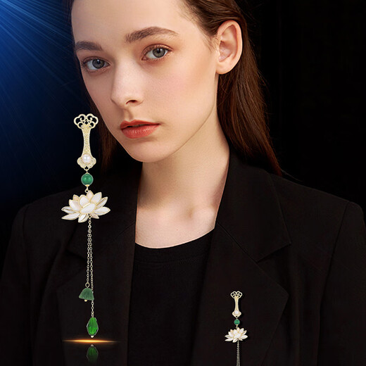 Marco Bizzarri brand Ruyi Lotus Fan Brooch, high-end women's pressed placket cheongsam buckle, Hanfu, ancient style tassel corsage, luxury accessories, gift to wife for anniversary and mother for Mother's Day