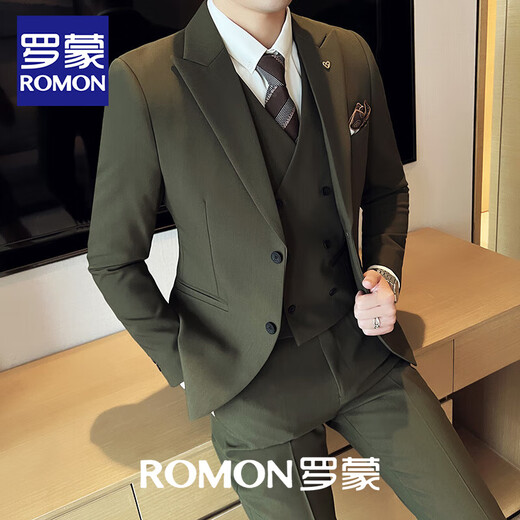 ROMON, light and sophisticated, simple British business suit, men's casual business suit, small suit, solid color coat, groom's wedding dress, trendy gray (suit + vest + pants) M 170