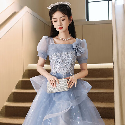 丽佰昕蓝色小晚礼服2025新款宴会高级感法式学生艺考小众主持人蓬蓬裙女 蓝色中长 L  建议100-110斤
