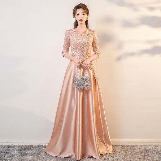Weixuan high-end annual meeting female host dress host dress 2024 new evening dress long banquet birthday party champagne color 3XL130Jin Jin equals 0.5 kg one size