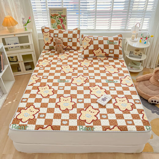 Yuanjia Ni latex mat three ice silk summer cool mattress can be washed air conditioning soft mat home summer sleep naked in summer cookie bear 150*200 [cool mat + 2 pillows]