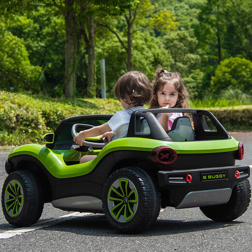 Together with Beetle Volkswagen two-seater children's electric car, baby's four-wheel four-wheel drive toy car can sit on adults' stroller lithium battery, green grass, double leather seat + 3 hours of battery life
