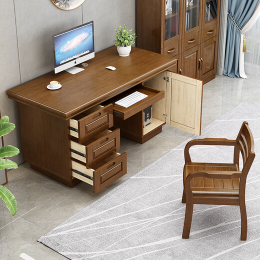Rulan solid wood desk boss desk and chair combination new Chinese style executive desk home computer desk writing desk 1.4 meters desk walnut color