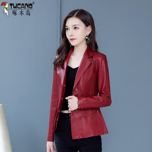 Woodpecker (TUCANO) 2025 new spring and autumn imitation leather jacket for women, short Korean version, slim fit, cotton, large size leather jacket, stylish small coat 2022910-black-thin section 2XL recommended 110-120Jin Jin equals 0.5 kg