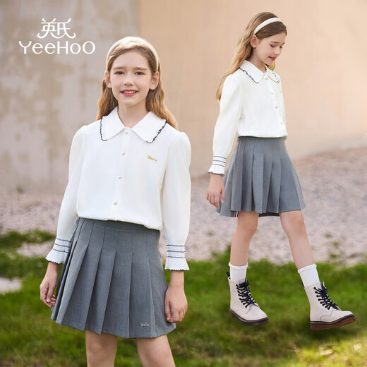 YEEHOO girls' shirts, children's long-sleeved shirts, spring fashion lace collar tops, medium and large children's clothing, fashionable spring clothing, new styles, small lace white 150