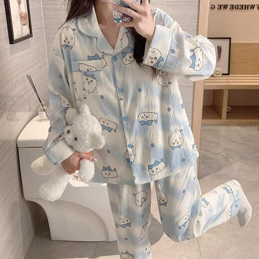 Youshifei cute little eight pajamas for women in spring and autumn long sleeves long trousers cartoon chiikawa jiikawa student home clothes 9277# double-length yellow gauze dog M 75-100Jin[Jin equals 0.5 kg]