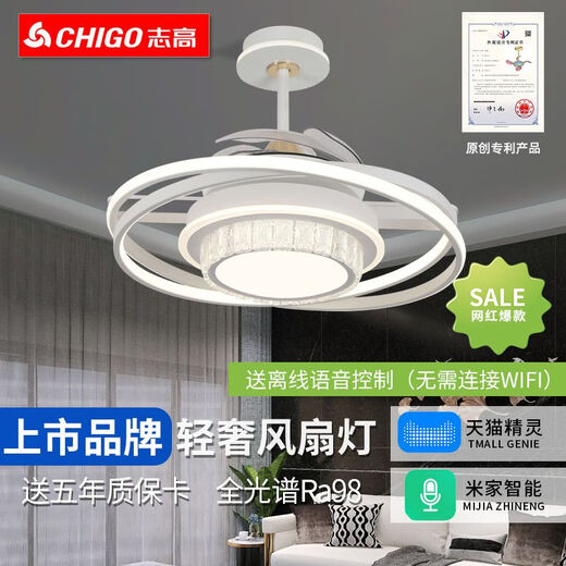 Smart voice app light luxury invisible fan light bedroom dining room living room fan light HP-9755 [top configuration] Full spectrum Ra98 [smart model] Elf + voice +