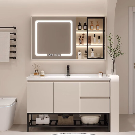 
Simple solid wood ceramic basin integrated basin bathroom cabinet floor-standing wash basin cabinet combination bathroom face washing custom 12048 light luxury gray smart mirror cabinet floor cabinet style